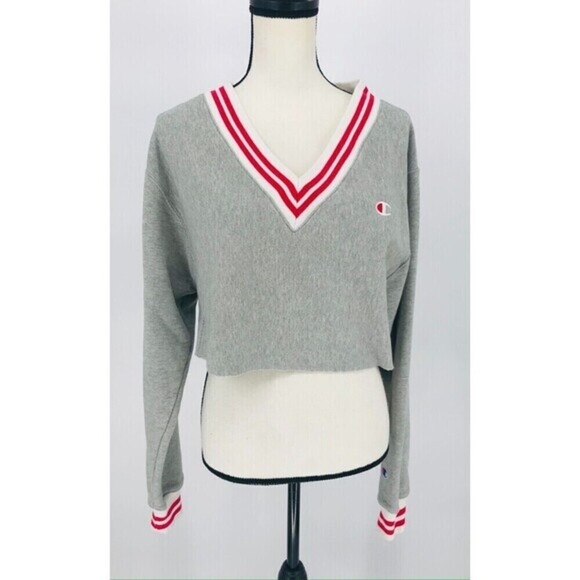 Champion Life Reverse Weave Yarn Dye Stripe Cropped V-Neck Sweatshirt‎ Women's S - Picture 2 of 12